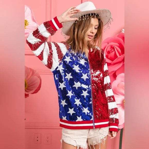 BiBi US Flag Theme Color Block Sequin Bomber Jacket - Picture 4 of 14